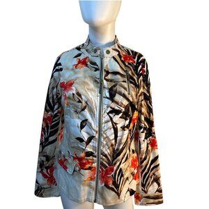 Chicos Womens Floral Print Zip-Up Jacket Size 0 Lightweight Cotton Blend EUC